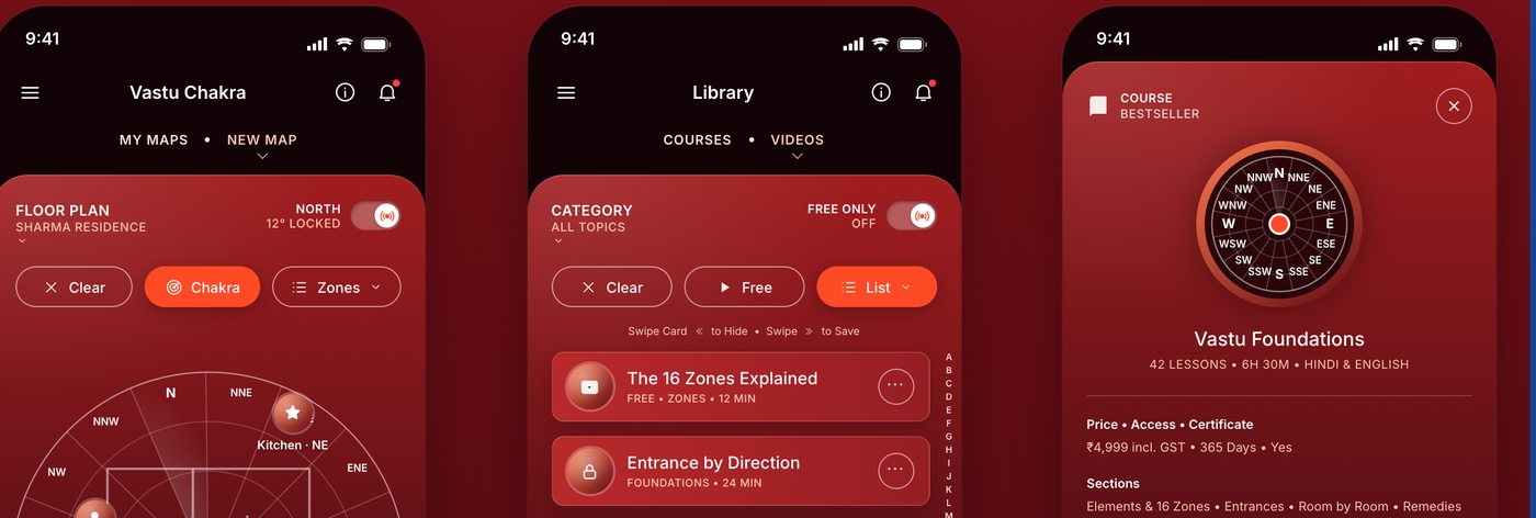 Vastu app screens: the chakra tool, the video library and a course