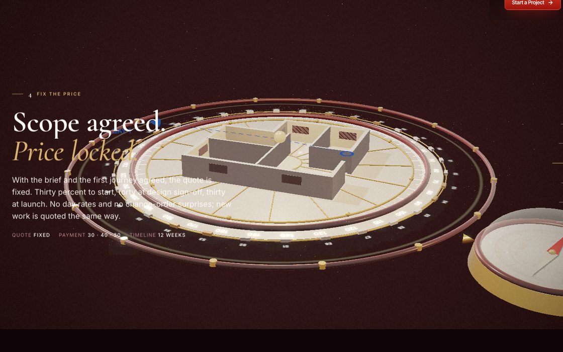 Cinematic instrument: a 3D instrument assembling over a floor plan, with a night phase
