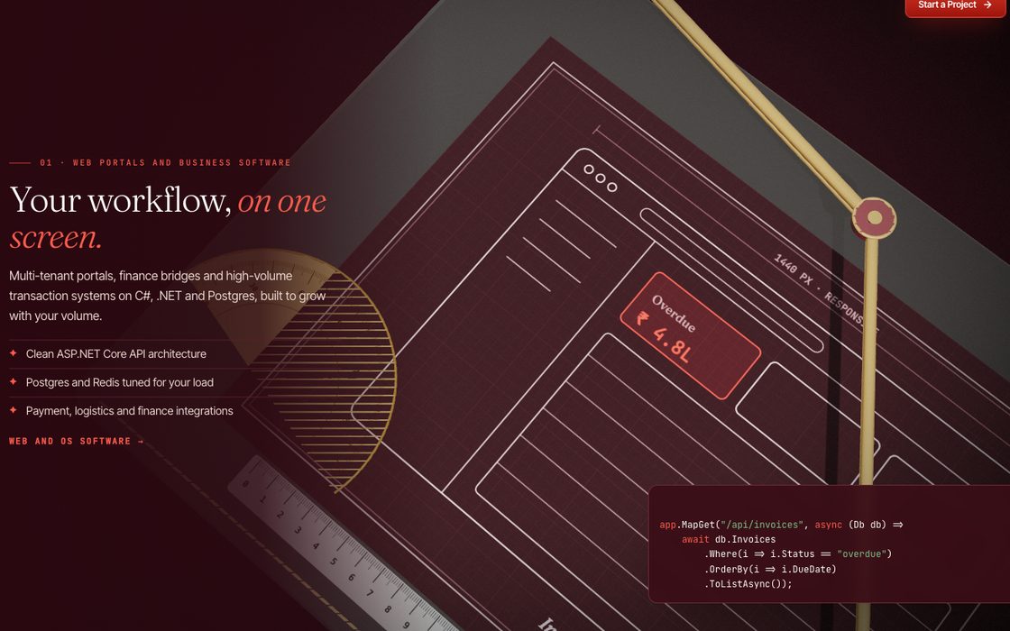 Draughtsman: a brass pantograph arm inks a web portal, a phone, an agent network and a dashboard on drafting sheets